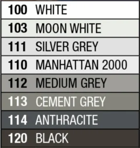 Mapei epoxy grout colour selection chart showing commonly available grout colours in New Zealand.